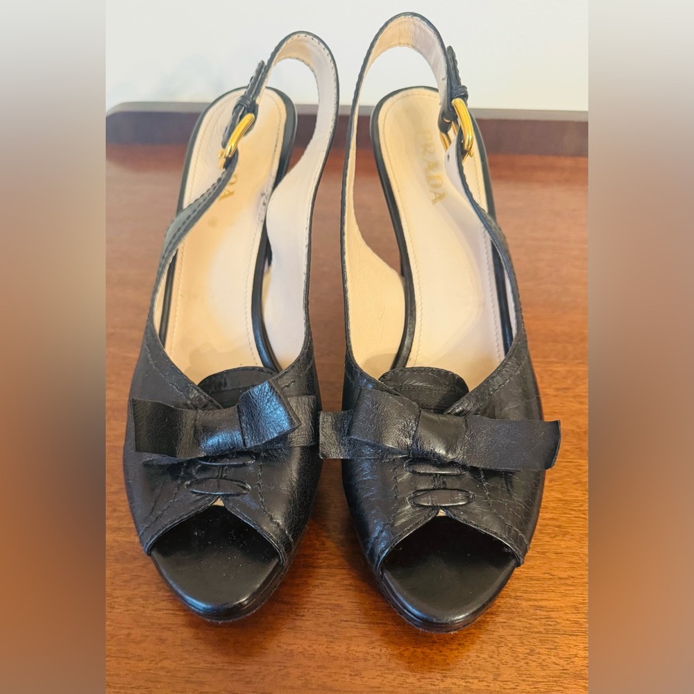 PRADA Black Leather Slingback Platform Peep Toe Pump 4" Heel Womens 41 Authentic